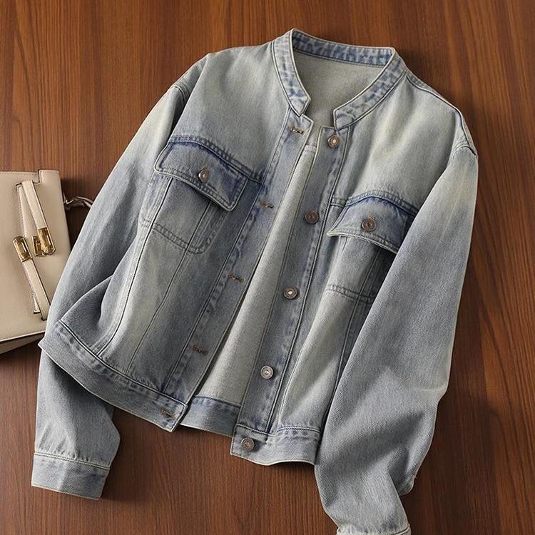 Женская ретро потертая джинсовая куртка с длинным рукавом Small