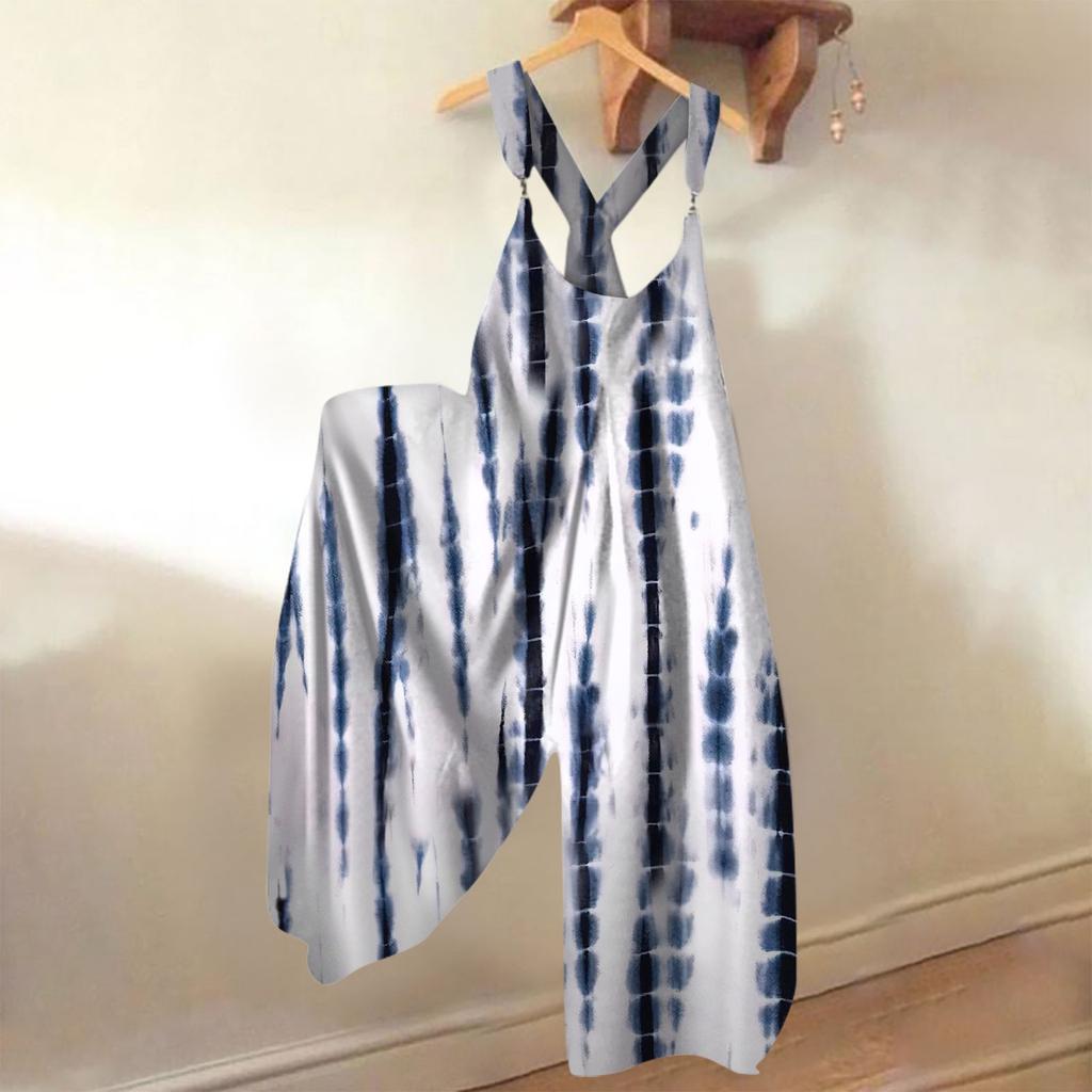 Wide Leg Overalls For Women Casual Loose Sleeveless Jumpsuits Retro Print Metal Button Long Pant Romper Jumpsuit With Pockets