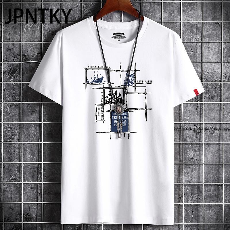JPNTKY Хлопковая футболка с коротким рукавом мужская модная свободная рубашка с коротким рукавом напечатанная сострадательная рубашка S белый 1468₽