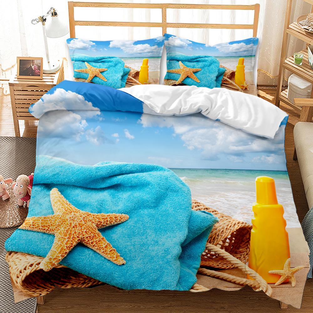 Beach Themed Bedding Set Blue Ocean Duvet Cover Set Starfish Printed Coastal Bedding Beach Queen/King/Full Size Comforter Cover