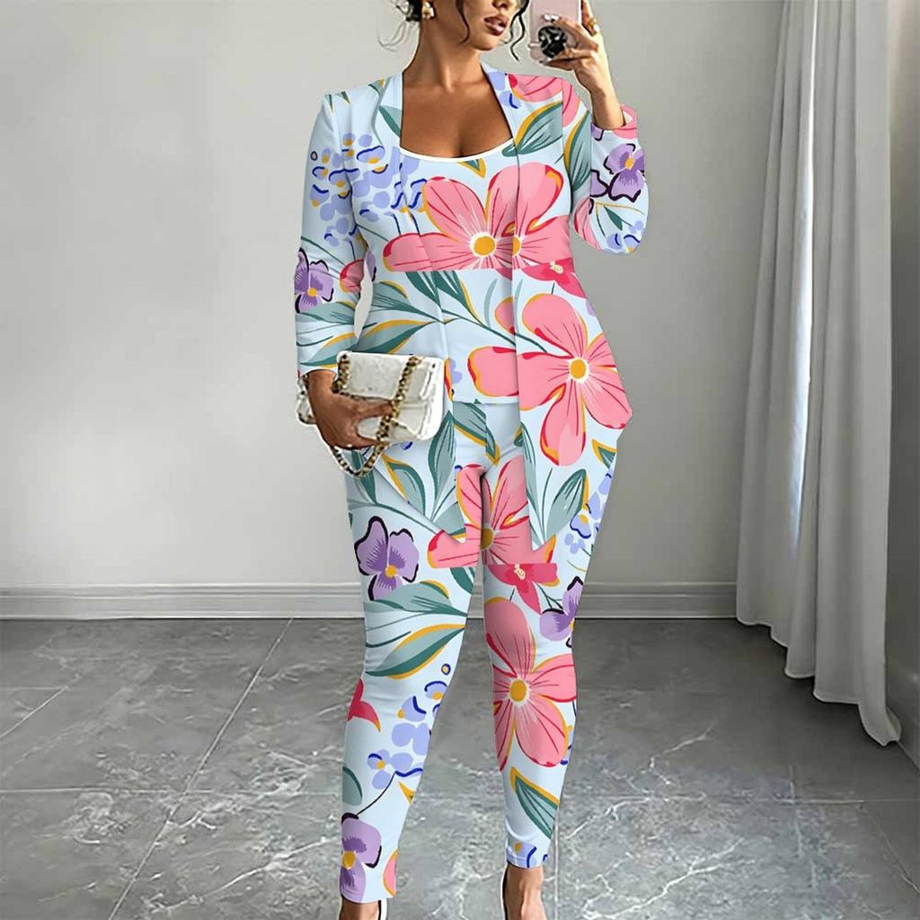 Plus Size Floral Print 3 Piece Outfit, Long Sleeve Open Front Cardigan Cami Top Leggings Set for Women