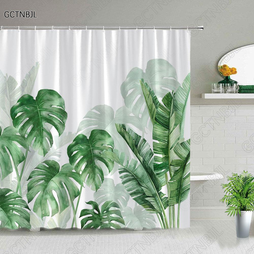 Tropical Palm Leaves Shower Curtain Set Green Plant Leaves Leaf Pumpkin Red Truck Halloween Christmas Decor Bathroom Curtains