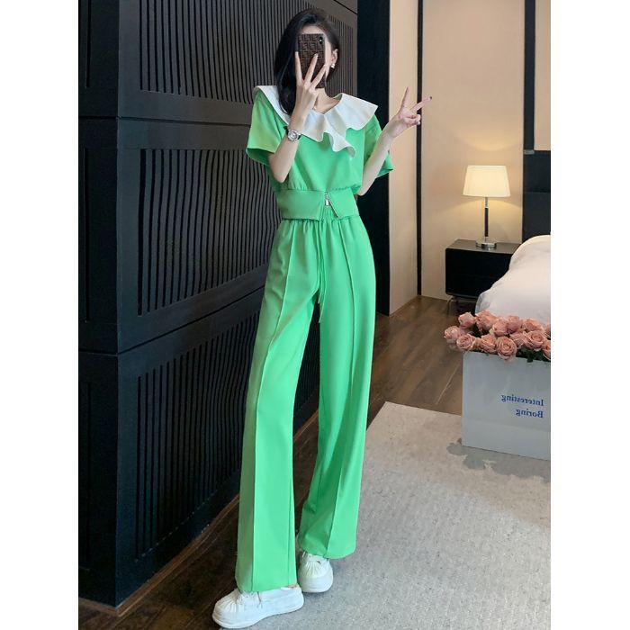 Fashionable Casual Sports Suit for Women Summer Sweet Temperament Short-sleeved Wide-leg Pants Two-piece Set