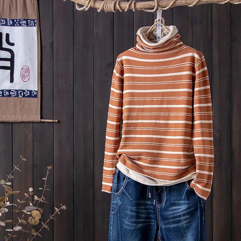 

Осень-зима 2024, новая полосатая модная футболка с принтом, водолазка с длинным рукавом, женские винтажные универсальные пуловеры контрастного цвета XXL оранжевый