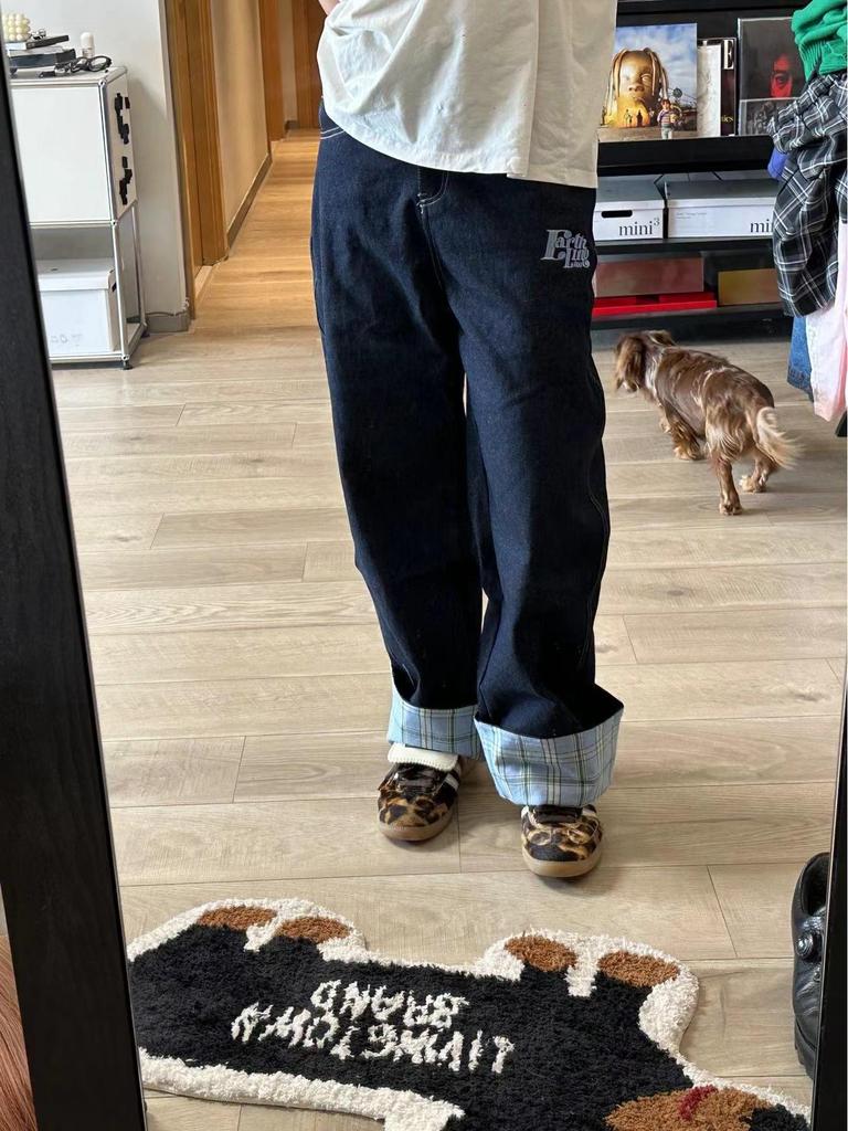 Męskie Jesienne Dżinsy w Kratę z Szerokimi Nogawkami, Podwinięte - Luksusowe, Luźne, Proste