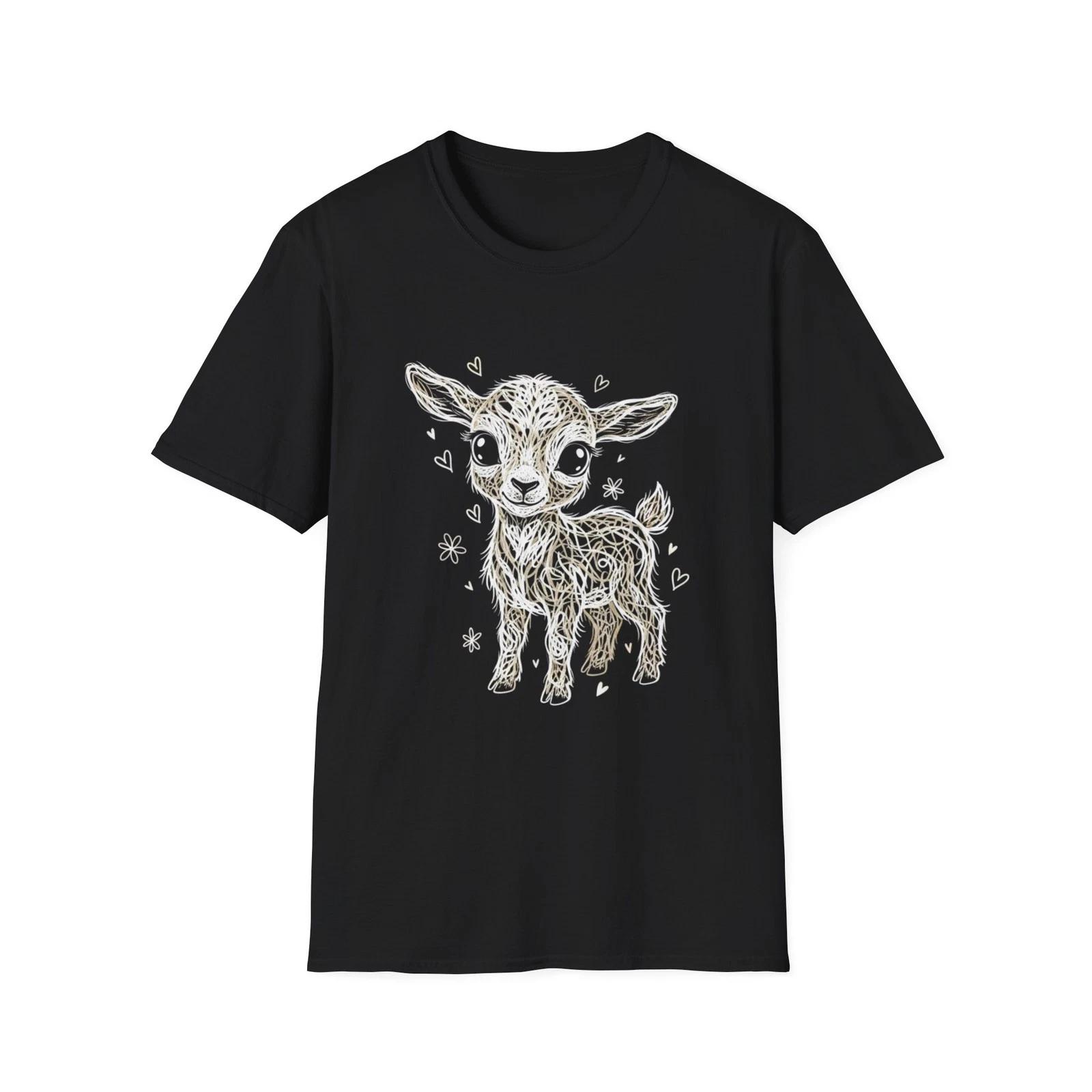 Baby Goat Cute Linework Hand-Drawn Black Tee Nature Graphic T-Shirt L