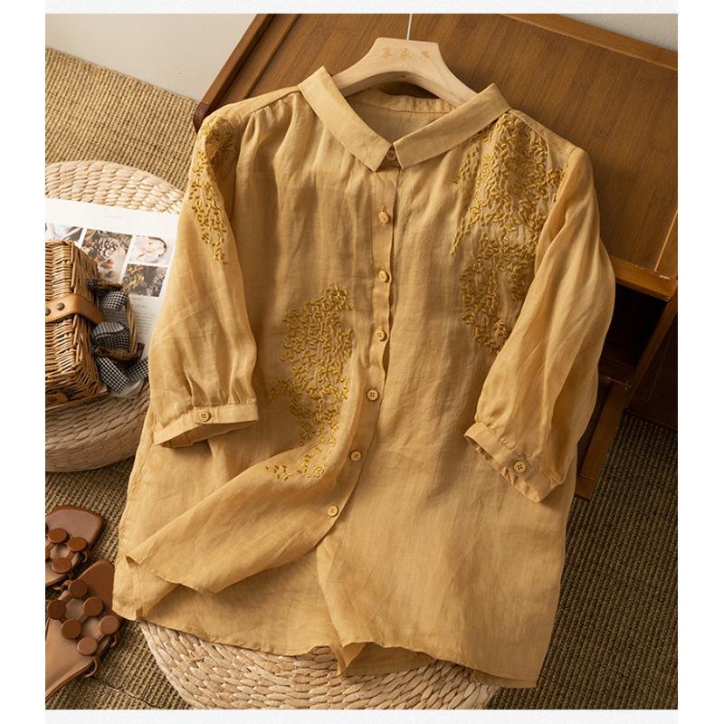 Solid color single-breasted medium-sleeved shirt women's embroidery 1116 summer new thin top temperament loose shirt, women