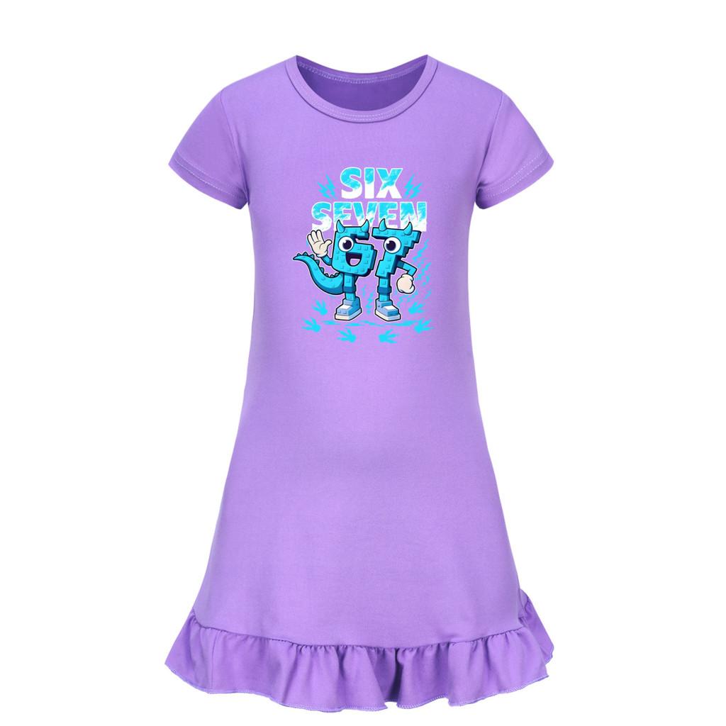 5192 Kids Girls Steal a Brainrot 67 Six Seven Printed Ruffle Short Sleeves Casual Dress