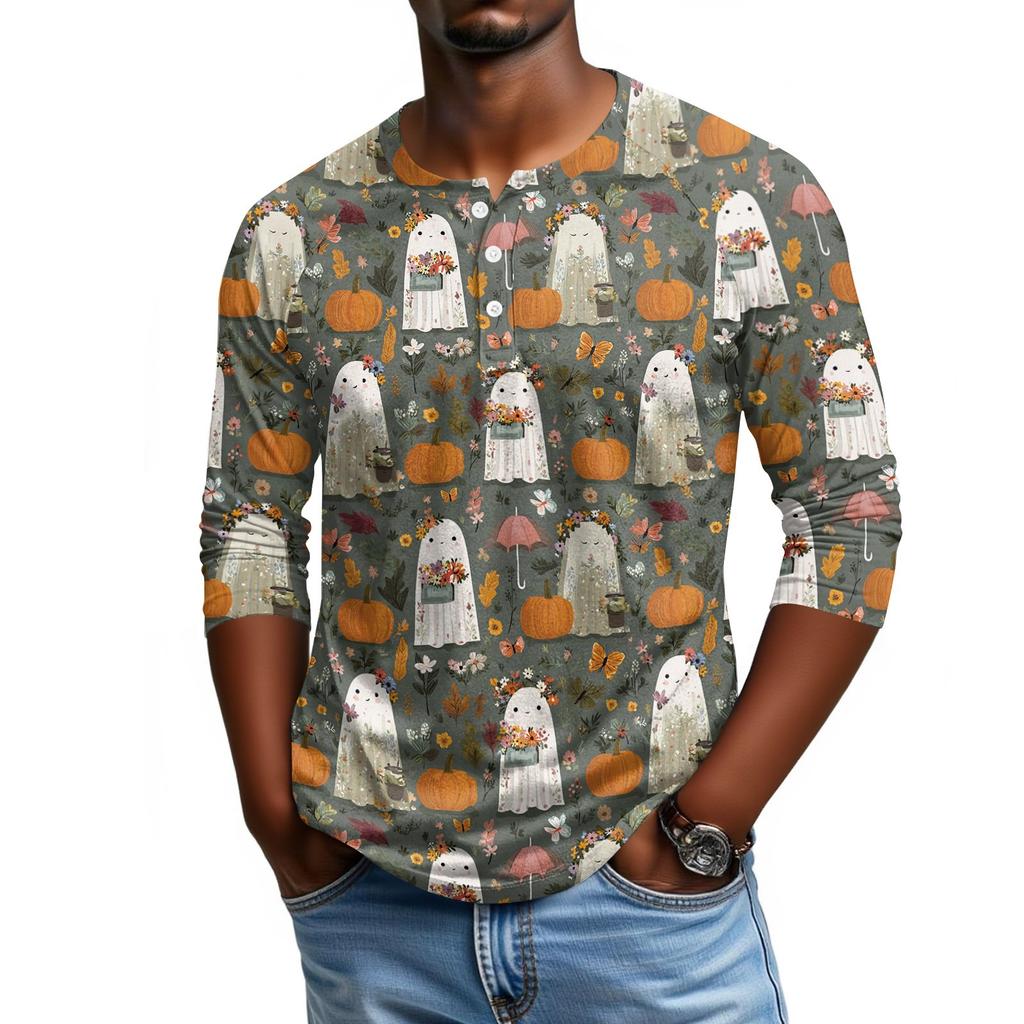 Men's Casual Halloween Print Raglan Sleeve Henley Shirt Three Quarter Sleeve Lightweight Comfortable Top for Everyday Wear