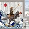 Funny Cat Dinosaur Printed Shower Curtain Ocean Wave Artwork For Bathroom Decor