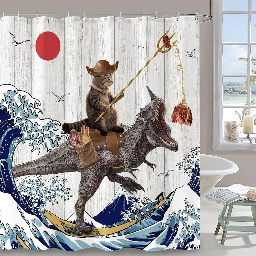 Funny Cat Dinosaur Printed Shower Curtain Ocean Wave Artwork For Bathroom Decor