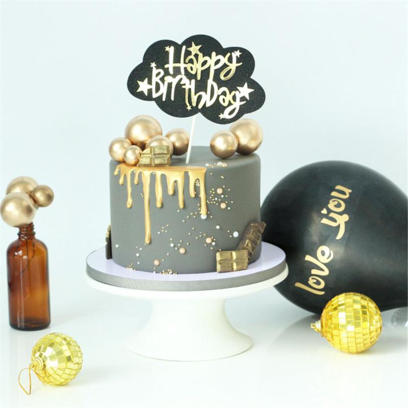 5pcs Gold Ball Silver Ball Cake Topper Happy Birthday Party Cake Decorative Plug-in