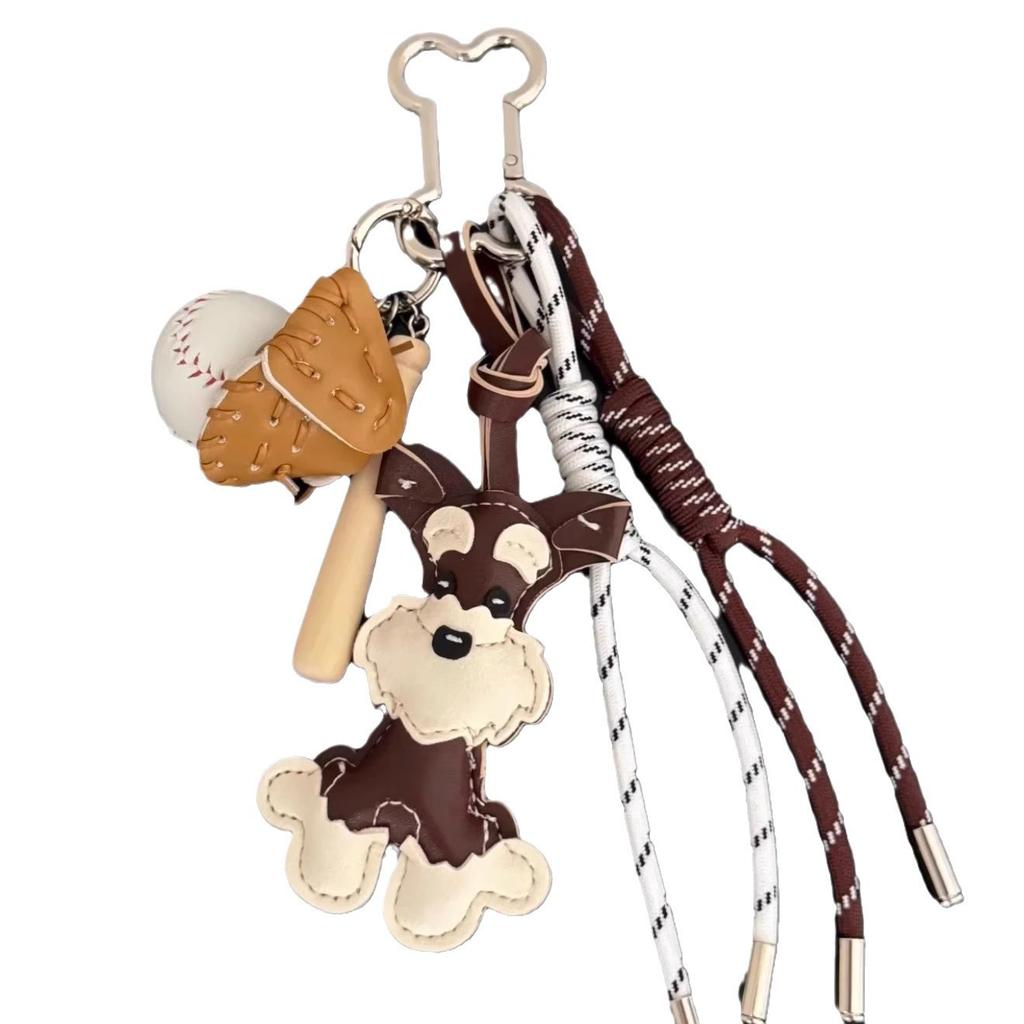 Baseball Schnauzer PU-Leder Schlüsselanhänger, Sportlicher Hundetaschenanhänger mit geflochtenen Riemen, Schnauzer Baseball Schlüsselanhänger, Sportlicher Hundeanhänger