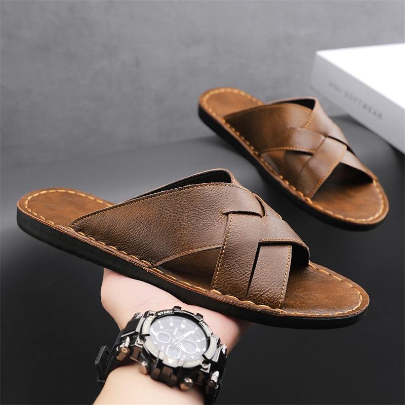 Fashion Men's Slippers Fashion Handmade Leather Slipper Summer Beach Slippers Casual Cowhide Slipper Men's Flat Slippers Chanclas Hombre