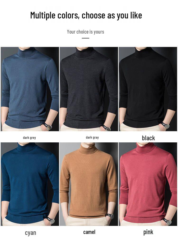 Men's Machine Washable Merino Wool High Neck Sweater, Solid Color, Double Folded Collar, Knitwear for Middle-Aged Dads, Base Layer