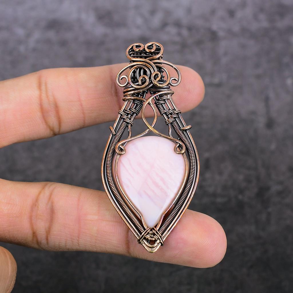 Natural Pink Opal Gemstone Handmade Copper Wire Wrap Jewelry Pendant 2.76" K8S26