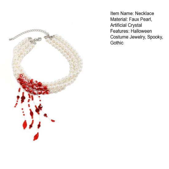 Gothic Necklace Blood Drop Charms Necklace Faux Pearl 3 Layer Chocker Necklace with Beaded Tassel for Halloween Horror Themed Parties Role-Playing
