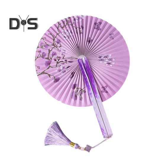 Runder Faltfächer im chinesischen Stil mit Quasten, Blumenmuster, Handfächer aus Papier, tragbarer Sommer-Handfächer, Tanzaufführung, Foto-Requisiten, Dekoration