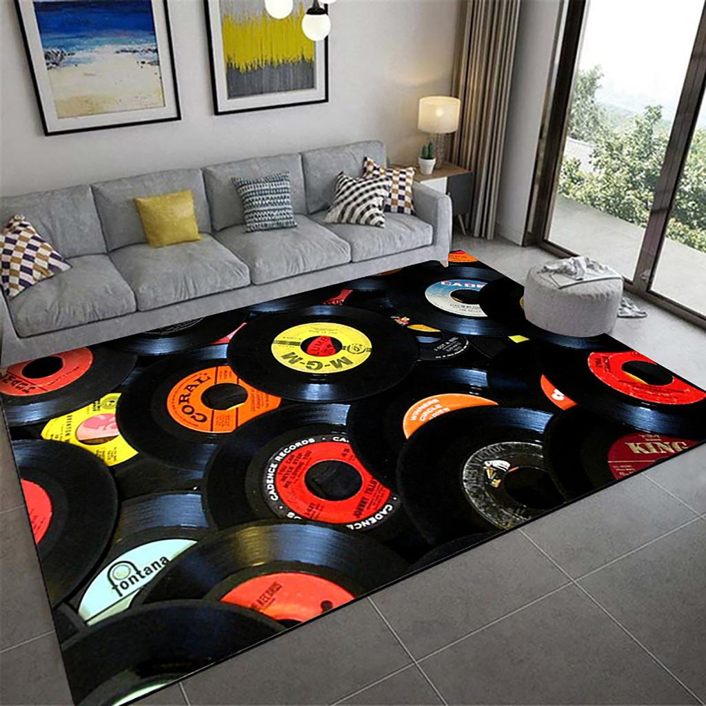 Record Area Rug CD Card Living Room Rugs Vintage Disc Print Decor Doormat Music Theme Carpet Non Slip Soft Indoor Floor Mat