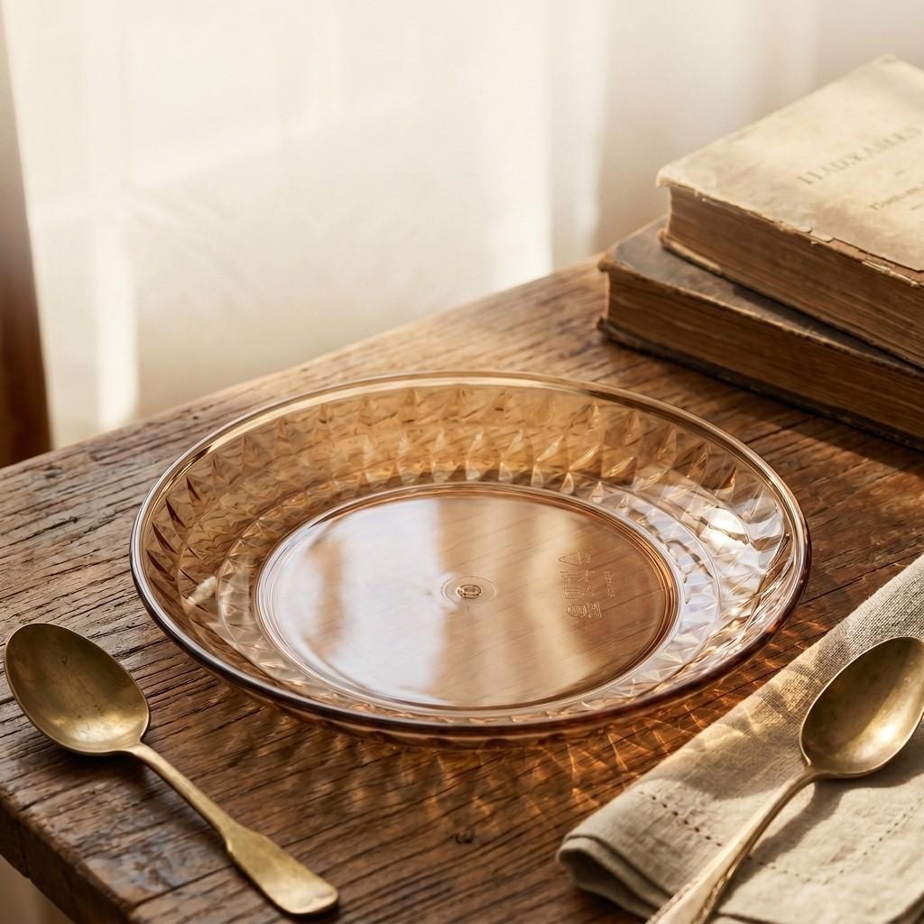 Reusable Plastic Plates Amber PET Dessert Appetizer Serving Dishes Kitchen Tableware Stackable Snack Food Fruit Platter Picnic