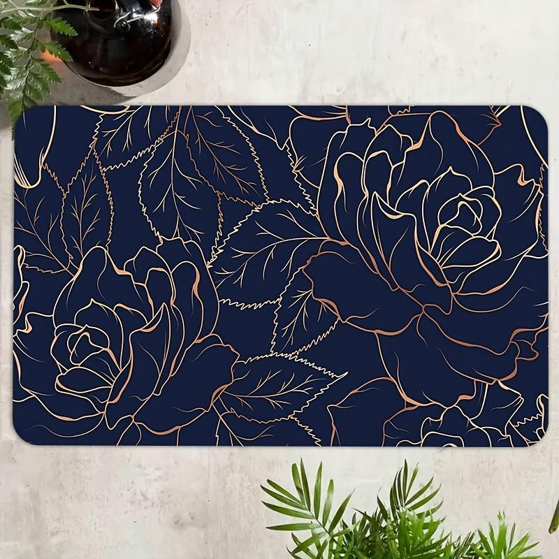 Luxury Navy Blue Rose Floor Mat Gold Line Art Floral Area Rug Non-slip Soft Carpet for Living Room Bedroom Sofa Home Decor