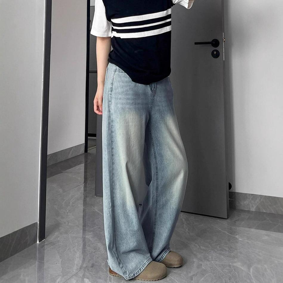 Big Yards Straight Light Blue Jeans Women's Spring High-waisted Loose Drag Ground Hundreds of Matching Thin Drapey Broad-legged Trousers Denim Pants