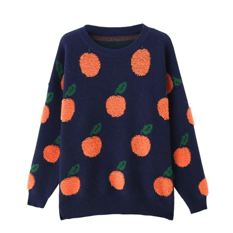 Casual loose orange plush jacquard round neck long sleeved thick knit pullover sweater for women 3551 EMA