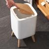 High Foot Trash Can Wood-Like Design Wooden Trash Bin Creative Press Dustbin  Bathroom