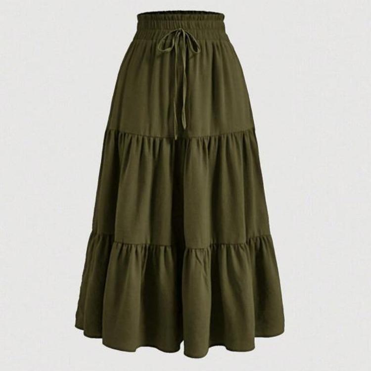 Gonna Estiva da Donna Stile Bohemien Elastica Vita Alta Coulisse Regolabile Gonna a Torta Linea ad A Colore Unito