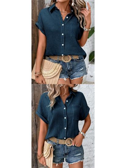 European American Women's Cotton Shirt - 2026 Summer Collection: Solid Color Casual Button-Up