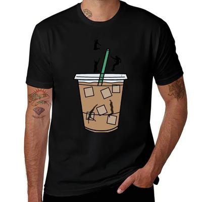 People Jumping And Adventuring On An Iced Coffee Cup Tshirt Basic Solid Color Short Sleeve Tshirt