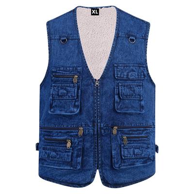 Denim Men's Vest Autumn and Winter Large Size Casual Plus Velvet Waistcoat Warm Vest Vest with Multiple Pockets