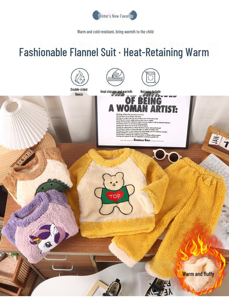 Kids' Flannel Pajama Set - Thick Coral Fleece, Long-Sleeved, One-Piece Sleepwear for Boys & Girls, Perfect for Autumn/Winter.