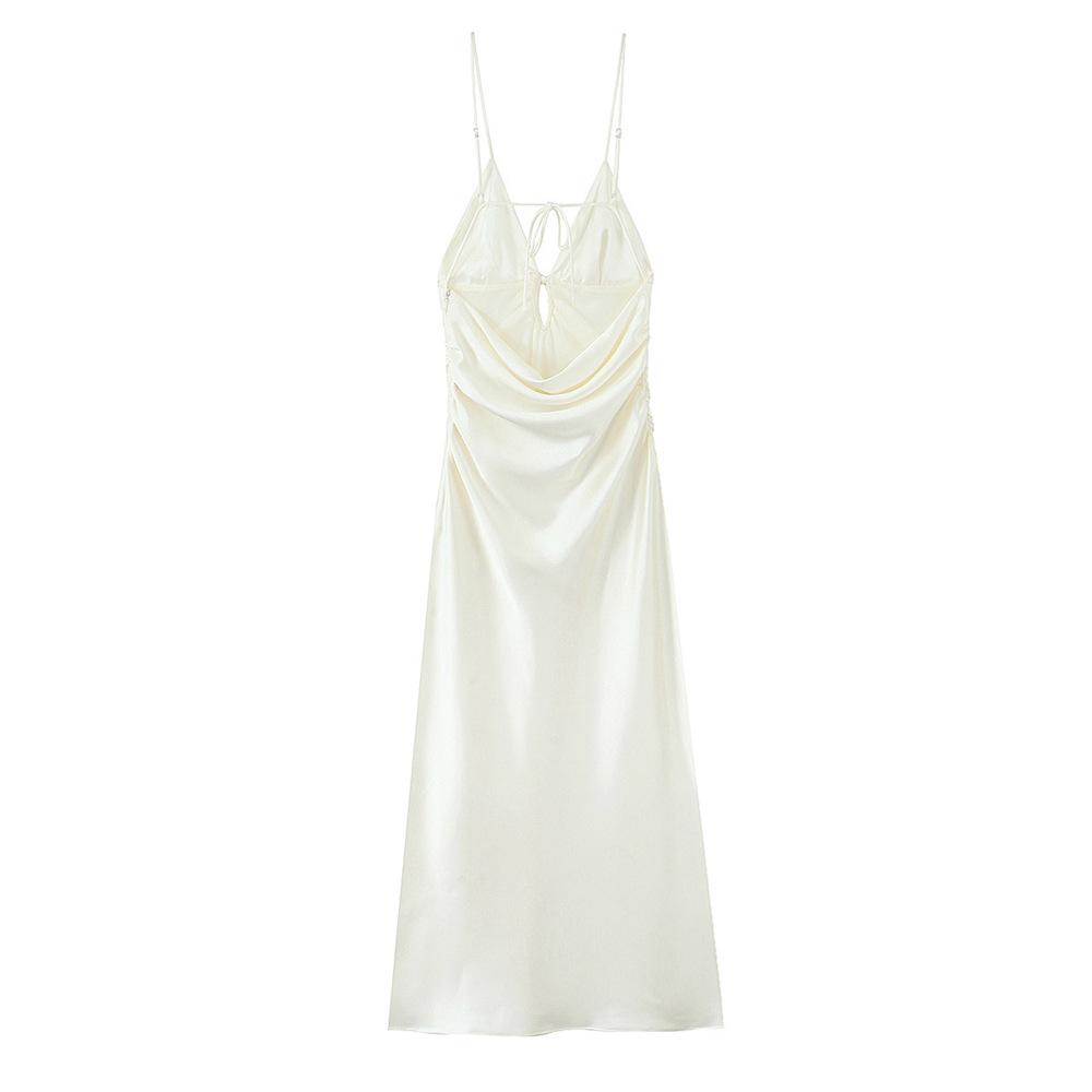 2025 Spring New Women's Slim Sexy Silk Satin Spaghetti Strap Dress with Hollow Design