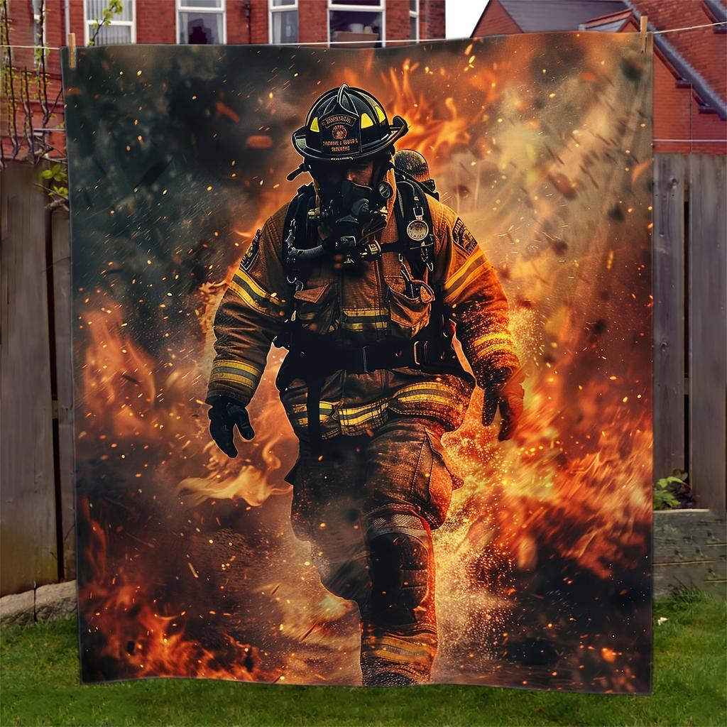 Heroic Firefighter Theme Art Blanket - Lodge Style Soft Warm All-Season Multi-Purpose Throw for Couch, Bed, Office & Travel