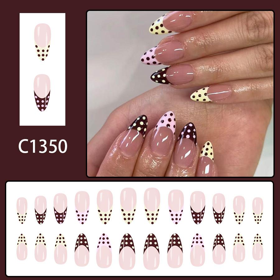 

24Pcs Medium Almond Shaped Press On Nails Glossy French Tip Colorful Polka Dot Fake Nails for Women Fall Winter красный