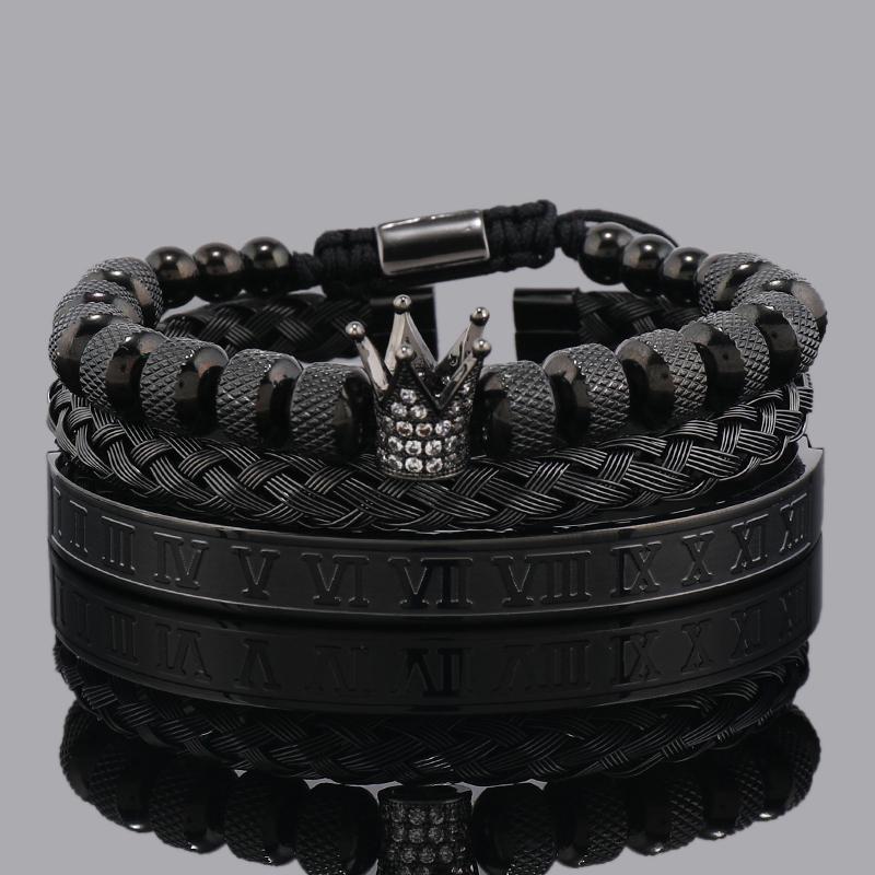 Set di Lusso Ciondoli Corona Bracciale Uomo Acciaio Inossidabile Romano Braccialetti Donna Gioielli per le Mani Regalo di San Valentino