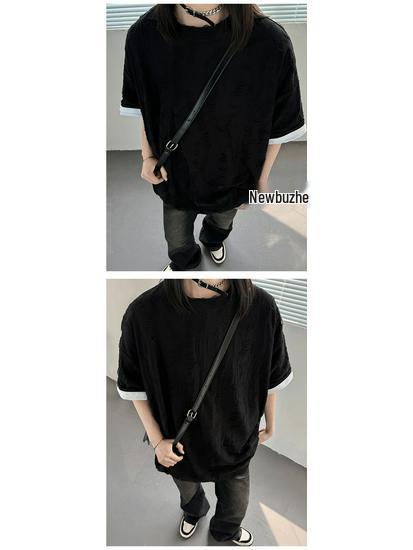 Wasteland-Style Niche Hollow-Out Ripped Men's Heavyweight T-Shirt with Small Neckline