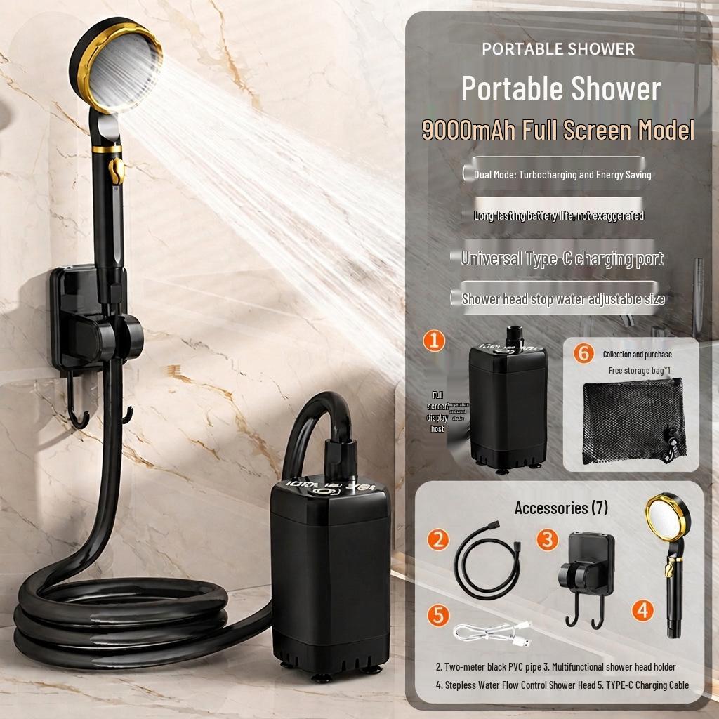 Electric Camping Shower Set with Rechargeable Pump and Water Bag.