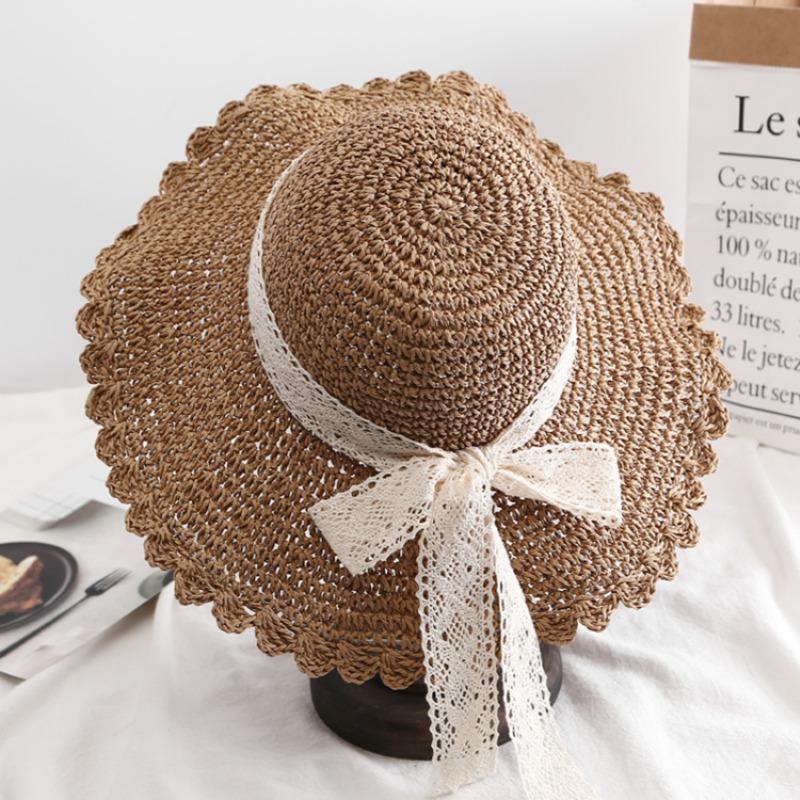 Straw hat female small fresh sunshade lace strap bow hat female summer outing big eaves beach sun hat