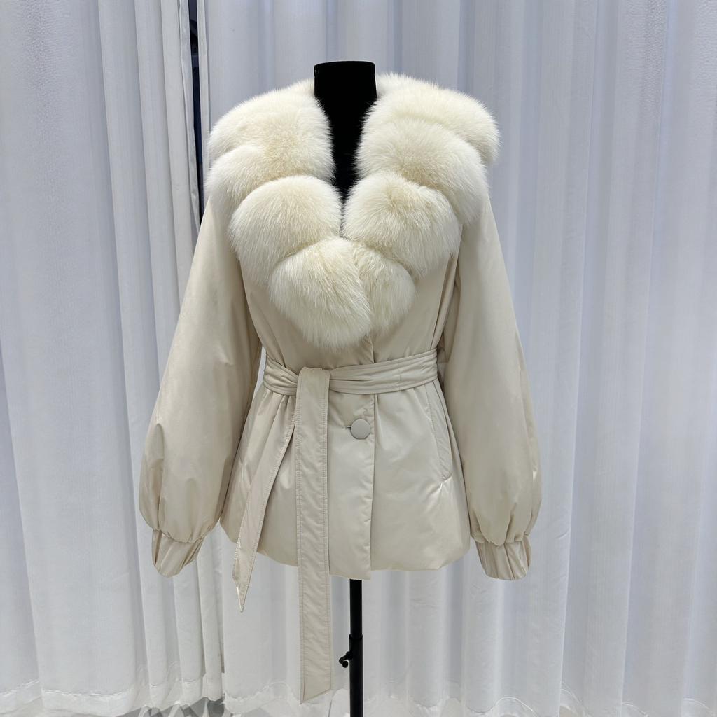 New natural fox big fur collar white duck down jacket women's short waist lace-up fashionable thickened coat