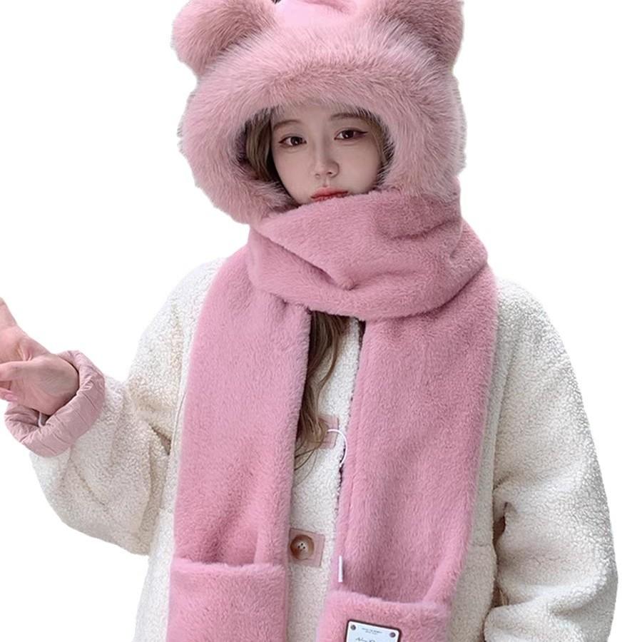 Korean Cute Plush Three-piece Set for Women's Autumn and Winter New Scarf Gloves Hat Integrated Plus Velvet Cold Proof and Warm Hat