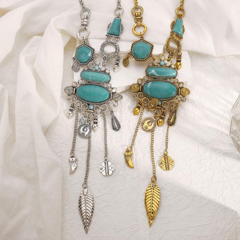 Ethnic Style Turquoise Inlaid Alloy Y-Necklace Vintage Geometric Statement Jewelry