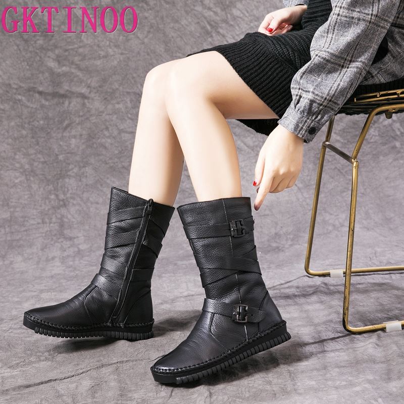 GKTINOO 2024 Women Boots Autumn Winter Shoes Soft Bottom 100% Genuine Leather Flat Mid Calf Boots Women Casual Warm Boot