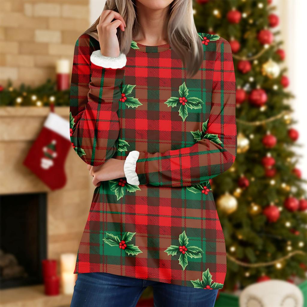 Women's Round Neck Top Printing Thickened Plush Cashmere Warm Long Top