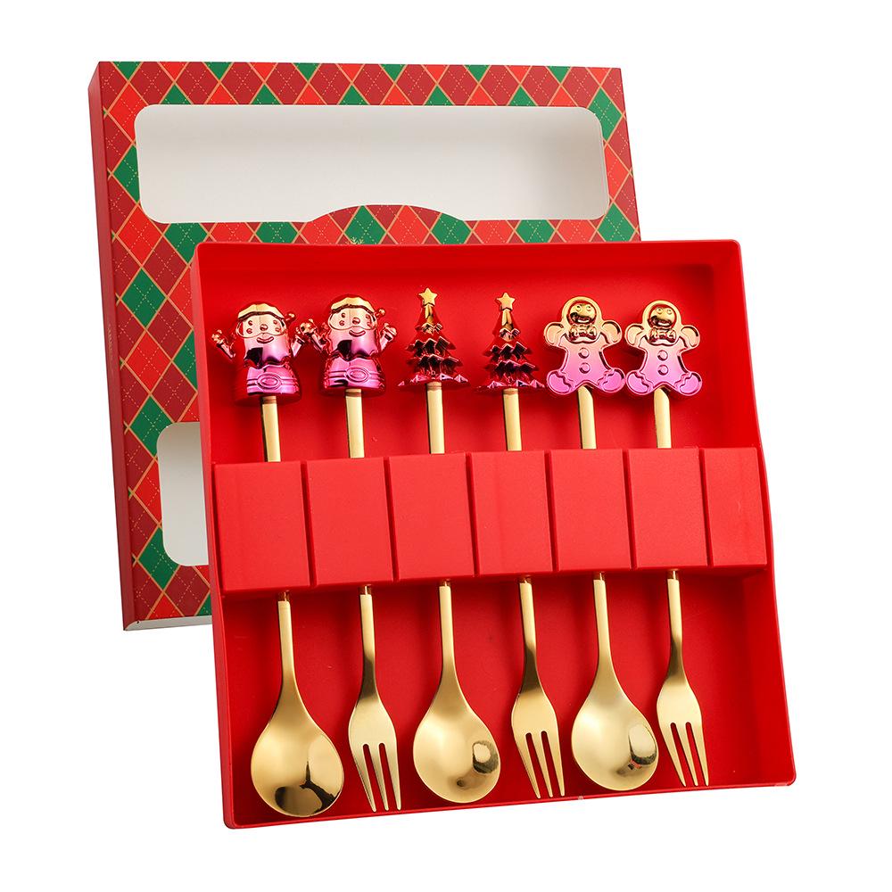 Cartoon Santa Claus Christmas Tree Coffee Dessert Spoon & Fork Gift Set