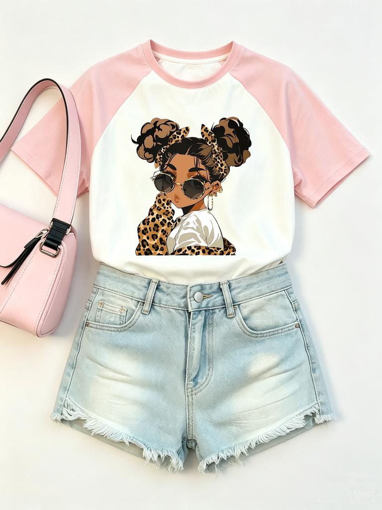 Streetwear Hiip Hop Girl Design T Shirts Short Sleeve Graphic Kids Children's Cat T-shirt Casual Top Tee Summer Spring Clothes
