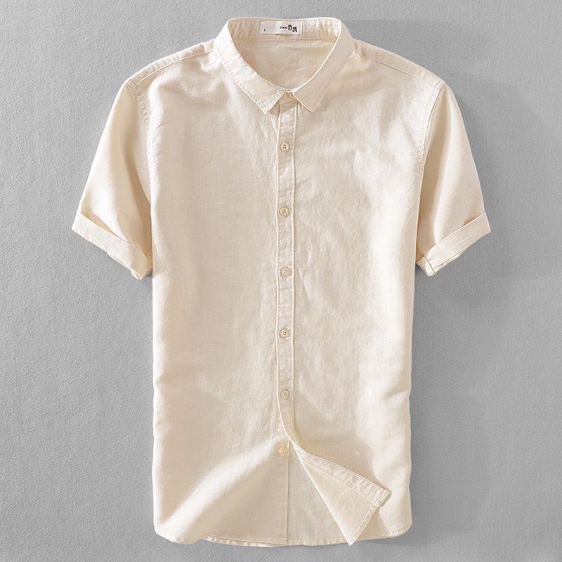 Men's Short Sleeve Slim Fit Breathable Cotton Linen Shirt