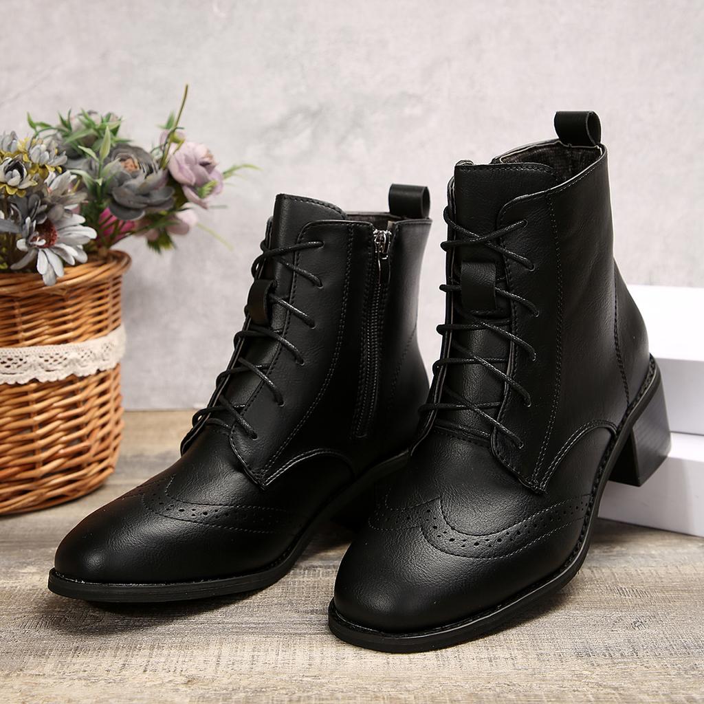 Women Square Head Splice Lace Up Versatile  Autumn Winter Square Med Heel Ankle Boots Lace Up Zipper Ladies Pumps Leather Shoes