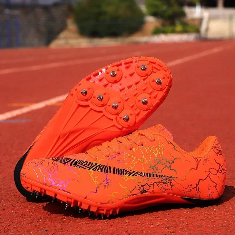 

Мужские кроссовки для бега на короткие дистанции, трековые шиповки, вес, мягкие, профессиональные, для поля, нескользящие, для соревнований, атлетические, для прыжков в длину, легкие 35 оранжевый